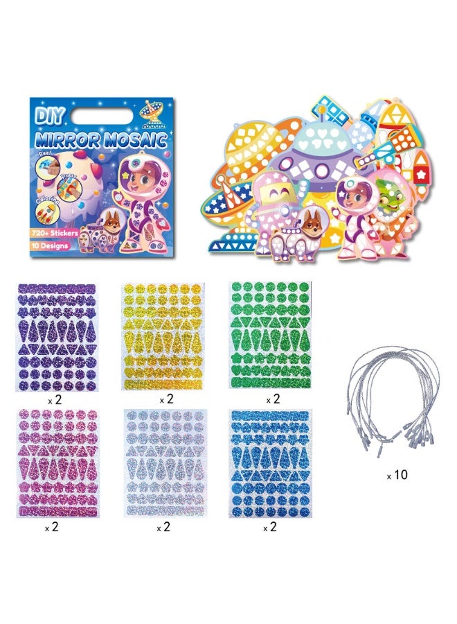 Capstro Mirror Mosaic Sticker Art Kit – Astronaut Theme | 10 Pattern Cards, 12 Laser Mirror Stickers & 10 Lanyards | DIY Space Mosaic Craft for Kids Age 4+ | Creative Galaxy Art Activity for Boys & Girls - Image 2