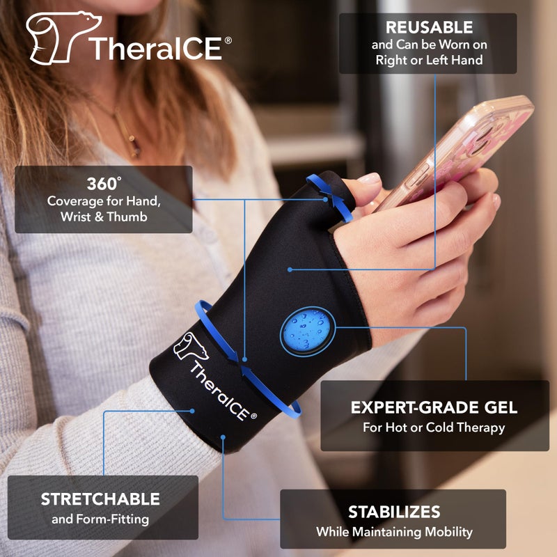TheraICE رباط ثيرا آيس للمعصم مع حزمة ثلج لراحة الإبهام لكلتا اليدين للعلاج بالحرارة والبرودة - قفاز جل ناعم قابل لإعادة الاستخدام للإصابات، متلازمة النفق الرسغي، التهاب المفاصل، التهاب الأوتار دي كيرفان - يناسب معظم الرجال - L/XL - Image 2