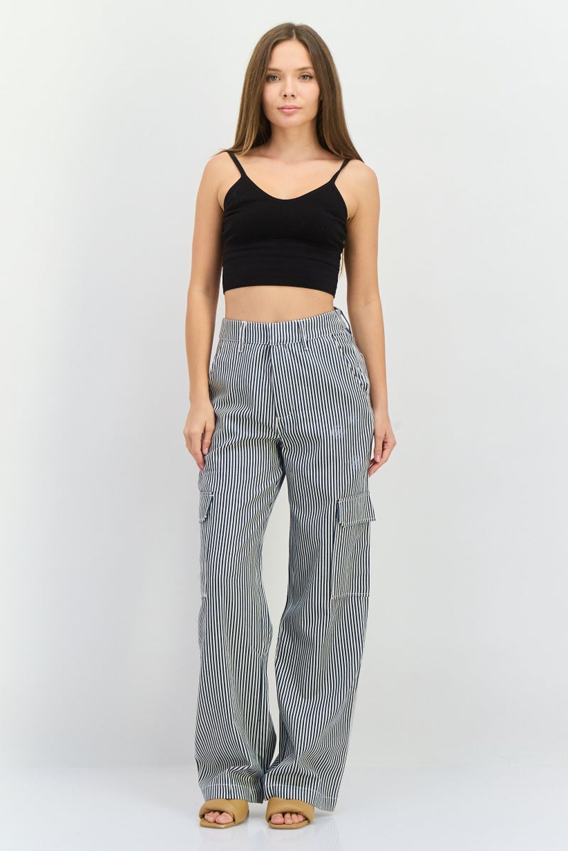NIA Women Regular Fit Stripe Cargo Pants, White  - Image 4
