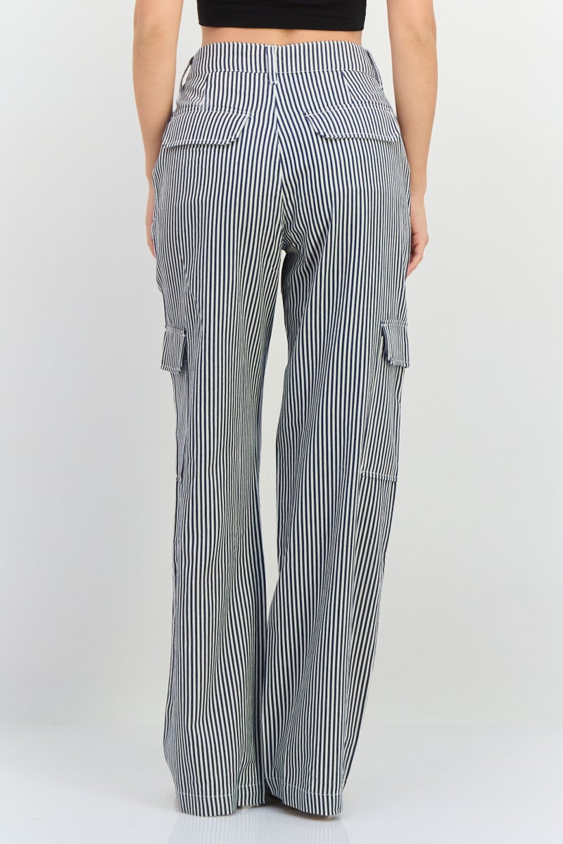 NIA Women Regular Fit Stripe Cargo Pants, White  - Image 3