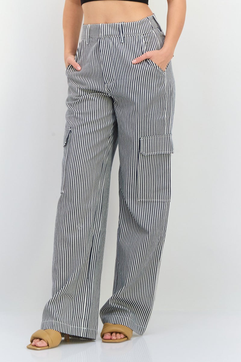 NIA Women Regular Fit Stripe Cargo Pants, White  - Image 1