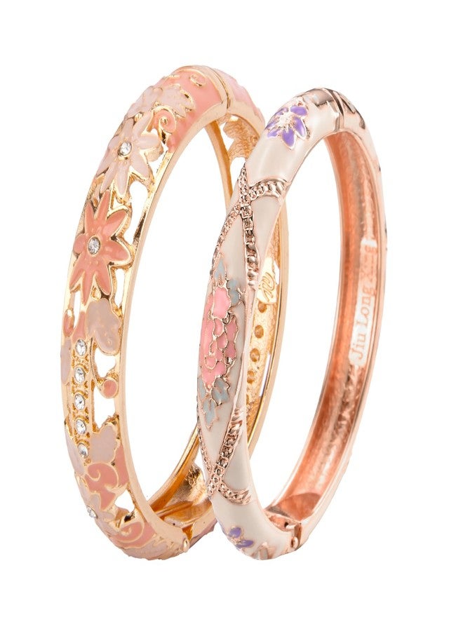 UJOY Vintage Jewelry Cloisonne Handcrafted Enameled Gorgeous Rhinestone Hinged Cuff Bracelet Bangles Gifts 88C11-55A128 Pink White - Image 1