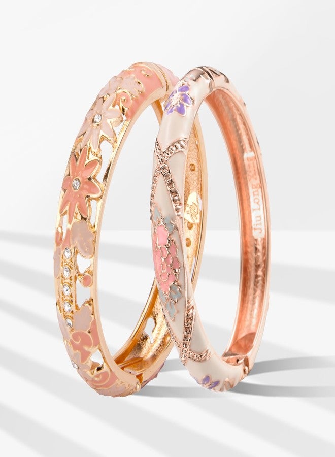 UJOY Vintage Jewelry Cloisonne Handcrafted Enameled Gorgeous Rhinestone Hinged Cuff Bracelet Bangles Gifts 88C11-55A128 Pink White - Image 2