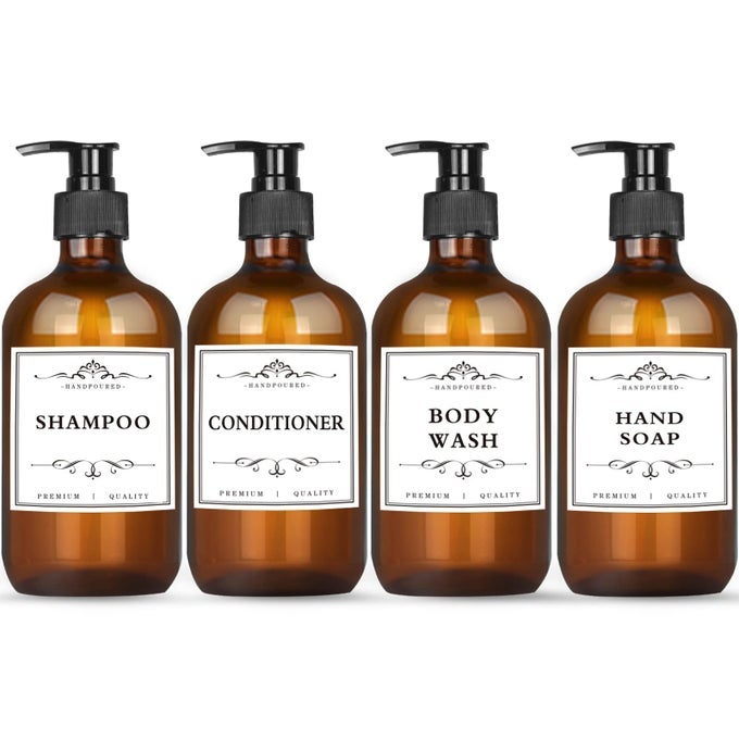 4 PACK 169 OZ SHAMPOO AND CONDITIONER HAND SOAP DISPENSER REFILLABLE PUMP BOTTLES WITH WATERPROOF LABELS AMBER