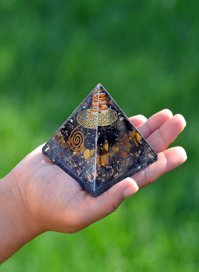 Orgonite Crystal Triple Protection Orgone Pyramid with Black Tourmaline, Tiger Eye and Hematite Crystals - Flower of Life Pyramid Dispels Negative Energy to Promote Luck and Prosperity - Image 3