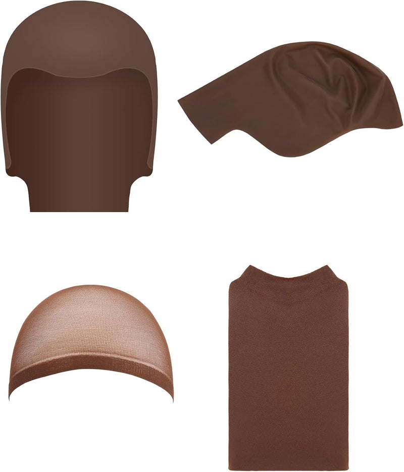 Hoedia Hoedia 2-Pack Latex Bald Cap with 2 PCS Wig Caps for Adults Women Men, Cosplay Costume Accessories for Halloween Party, Dark Brown 