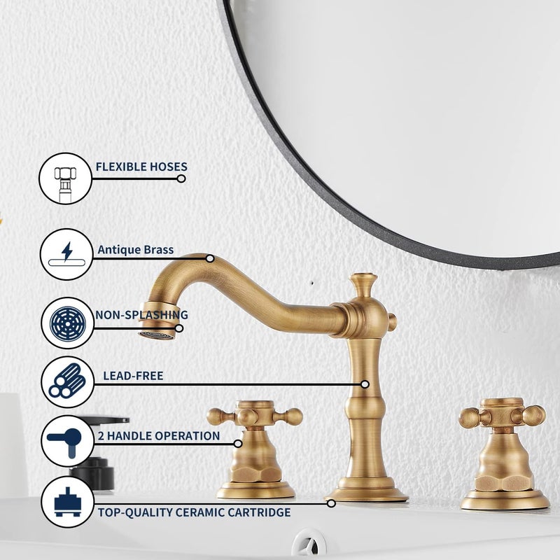 GGStudy 8 inch 2 Handles 3 Holes Widespread Bathroom Sink Faucet Antique Brass Bathroom Vanity Faucet Basin Mixer Tap Faucet Matching Metal Pop Up Drain with Overflow - Image 5