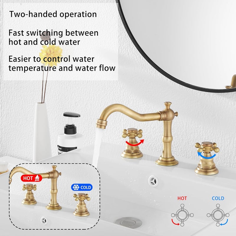 GGStudy 8 inch 2 Handles 3 Holes Widespread Bathroom Sink Faucet Antique Brass Bathroom Vanity Faucet Basin Mixer Tap Faucet Matching Metal Pop Up Drain with Overflow - Image 3