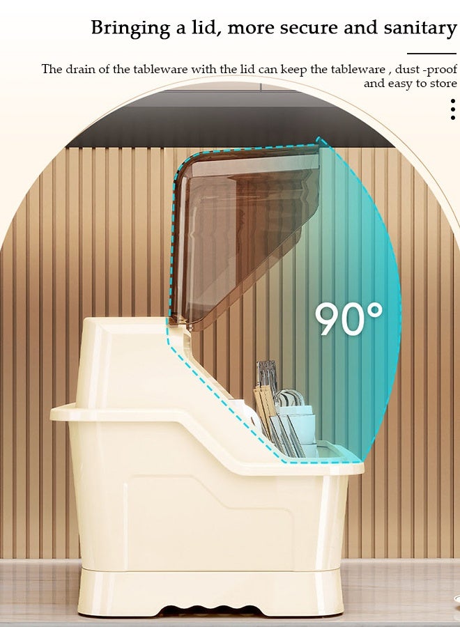 DUNISO حامل تجفيف الأطباق مع غطاء، حامل أطباق كبير لخزائن المطبخ، مصفاة أطباق بلاستيكية مع صينية تصريف، صينية أطباق وأكواب، مصفاة أدوات المائدة، منظم سطح المطبخ موفر للمساحة، صندوق تخزين تجفيف زجاجات الرضاعة المضاد للغبار - Image 3