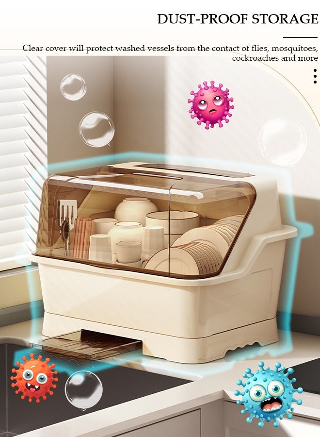 DUNISO حامل تجفيف الأطباق مع غطاء، حامل أطباق كبير لخزائن المطبخ، مصفاة أطباق بلاستيكية مع صينية تصريف، صينية أطباق وأكواب، مصفاة أدوات المائدة، منظم سطح المطبخ موفر للمساحة، صندوق تخزين تجفيف زجاجات الرضاعة المضاد للغبار - Image 5