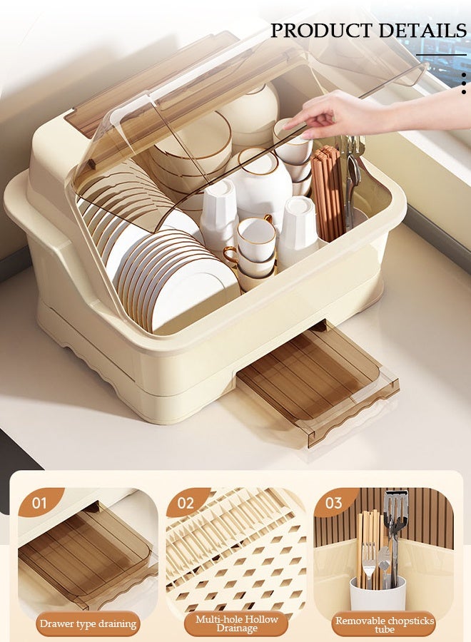 DUNISO حامل تجفيف الأطباق مع غطاء، حامل أطباق كبير لخزائن المطبخ، مصفاة أطباق بلاستيكية مع صينية تصريف، صينية أطباق وأكواب، مصفاة أدوات المائدة، منظم سطح المطبخ موفر للمساحة، صندوق تخزين تجفيف زجاجات الرضاعة المضاد للغبار - Image 4