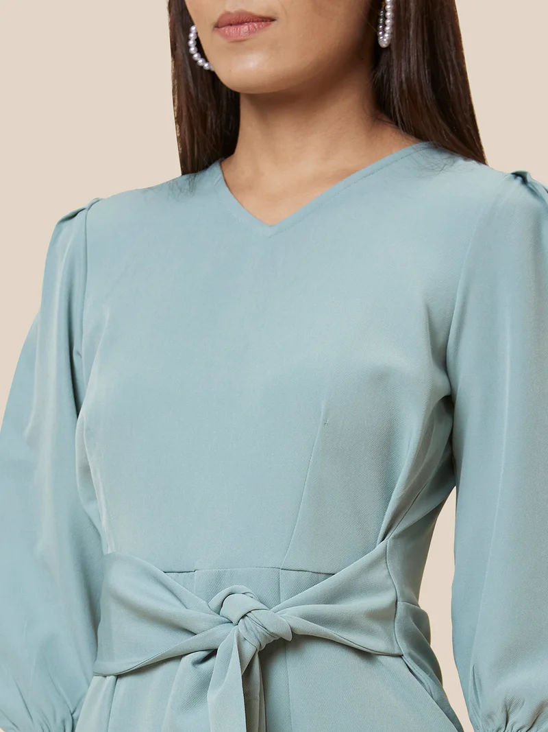 globus Women V-Neck Puff Sleeves Tie-Up A-Line Dress