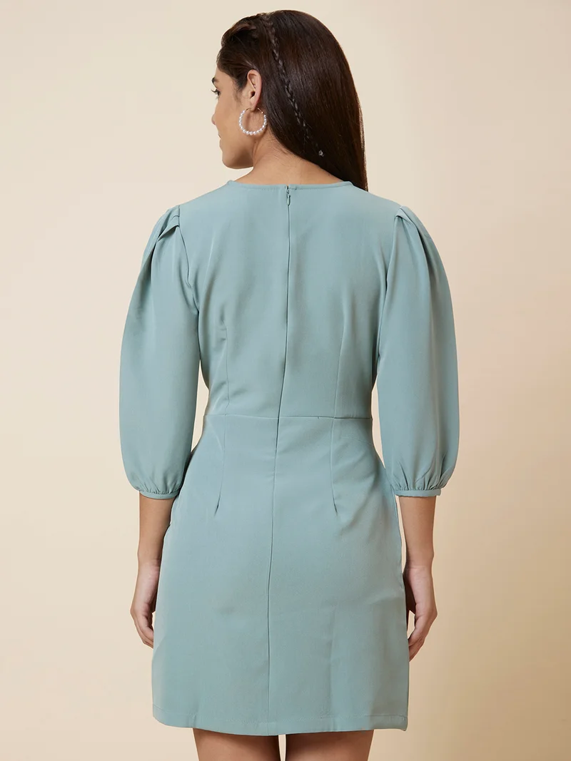 globus Women V-Neck Puff Sleeves Tie-Up A-Line Dress