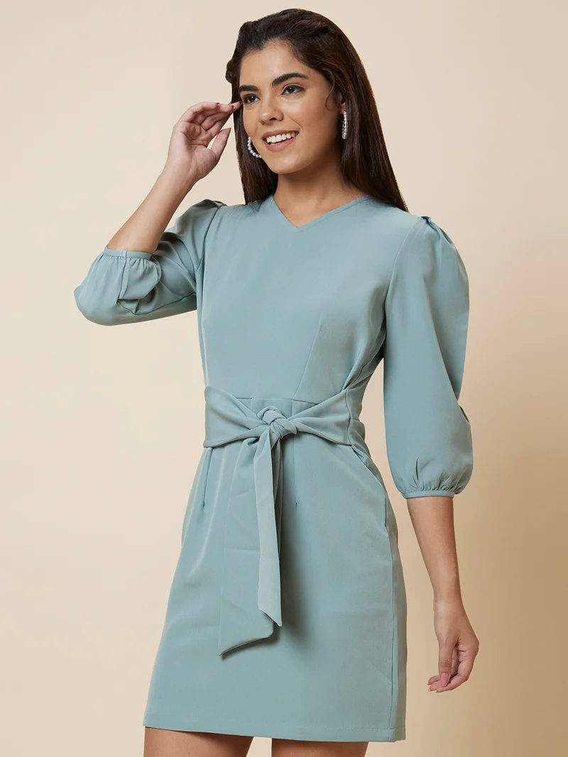 globus Women V-Neck Puff Sleeves Tie-Up A-Line Dress