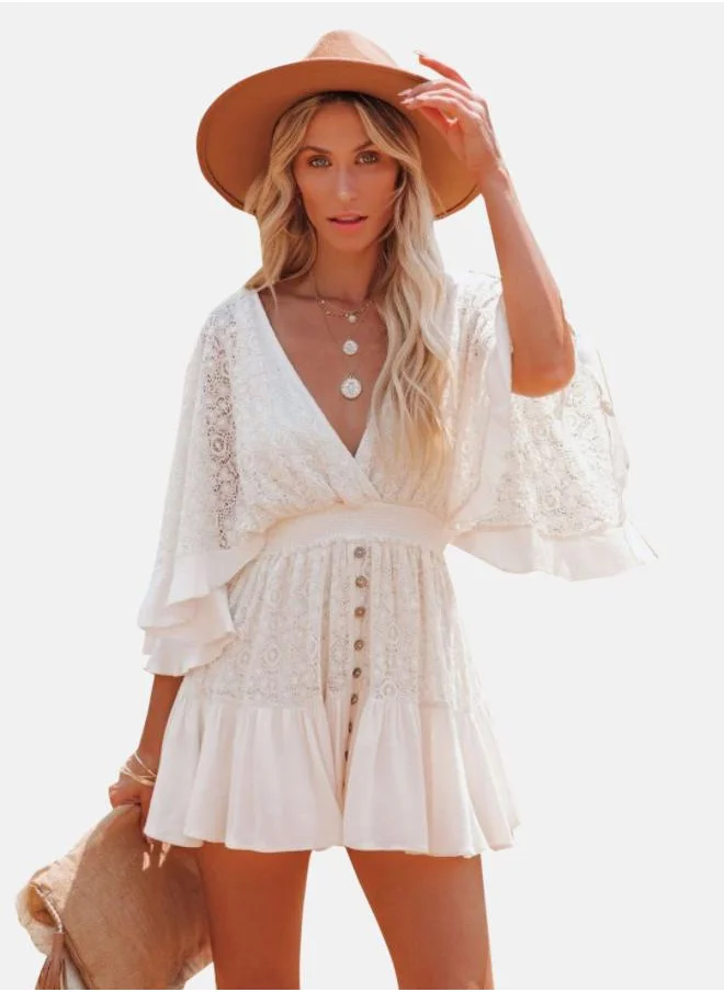 يونيكي White Self Design V-Neck Flared Sleeve Chiffon Fit & Flare Mini Dress