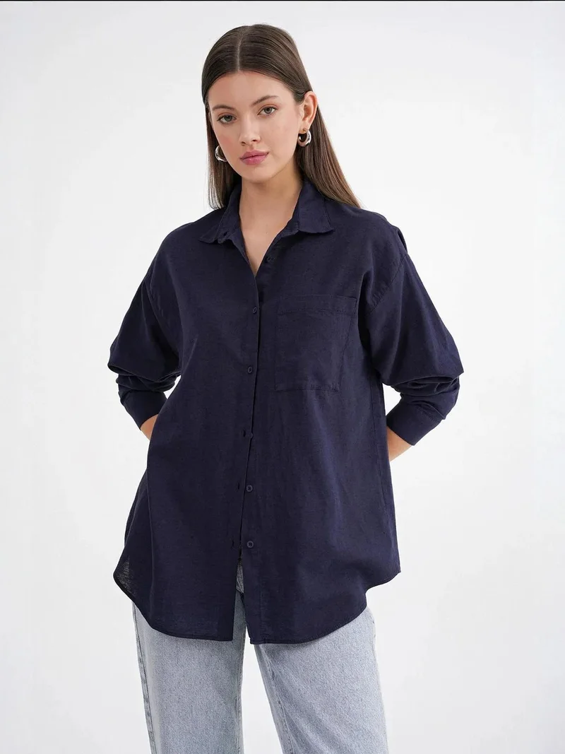 MixRay Navy Blue Mixray Oversize Linen Blend Shirt for Women | Best Price UAE