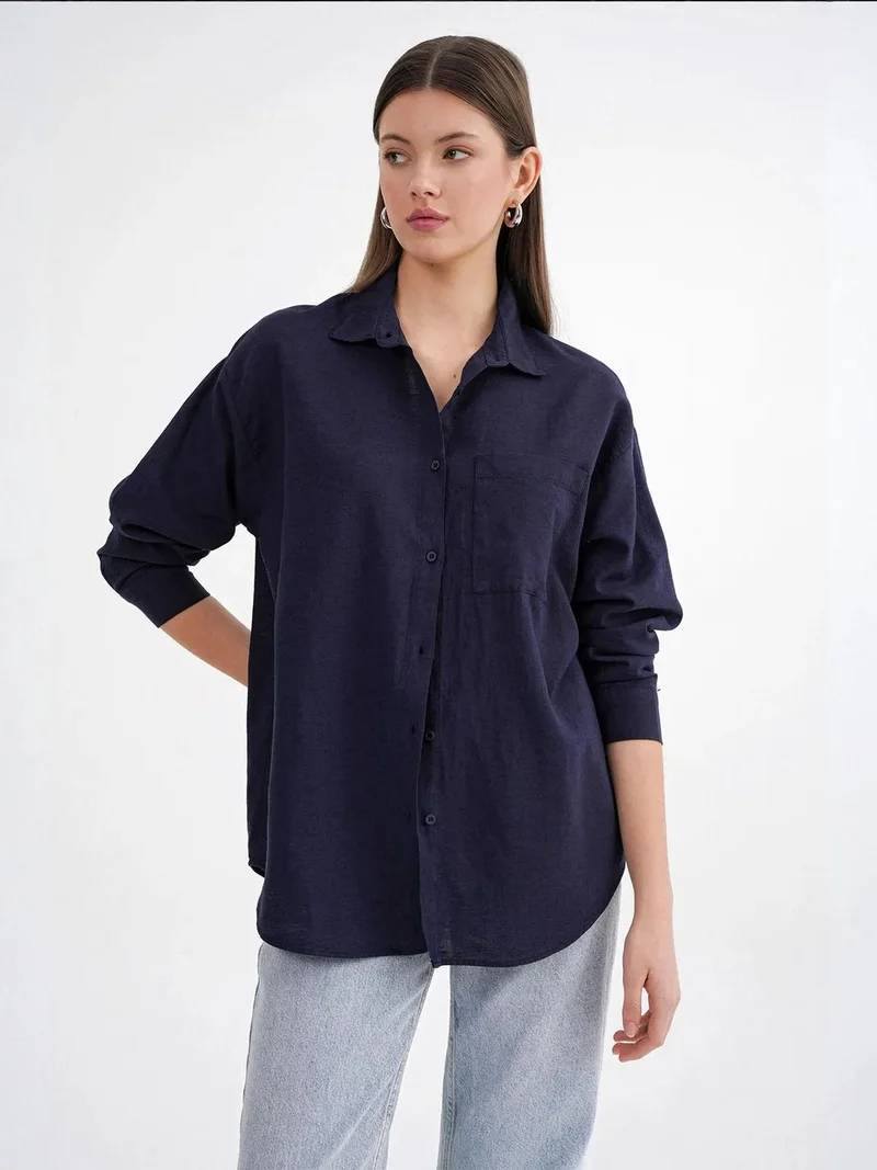 MixRay Navy Blue Mixray Oversize Linen Blend Shirt for Women | Best Price UAE