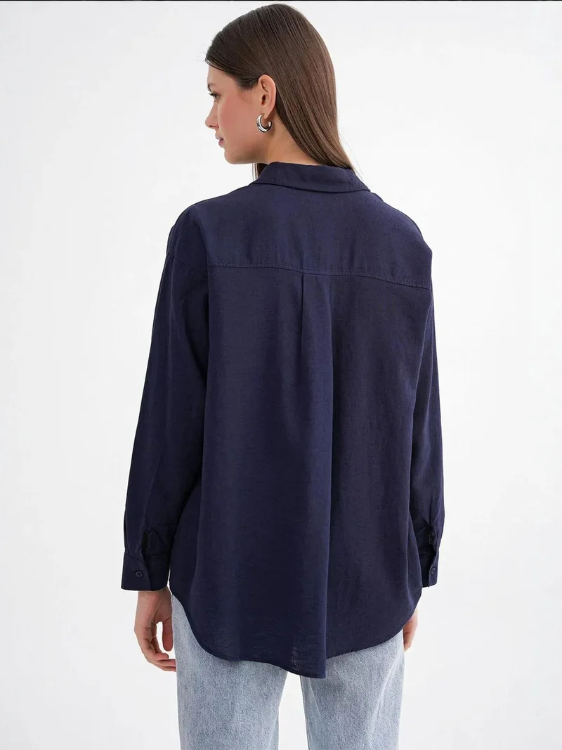 MixRay Navy Blue Mixray Oversize Linen Blend Shirt for Women | Best Price UAE