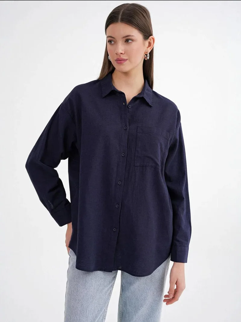 MixRay Navy Blue Mixray Oversize Linen Blend Shirt for Women | Best Price UAE