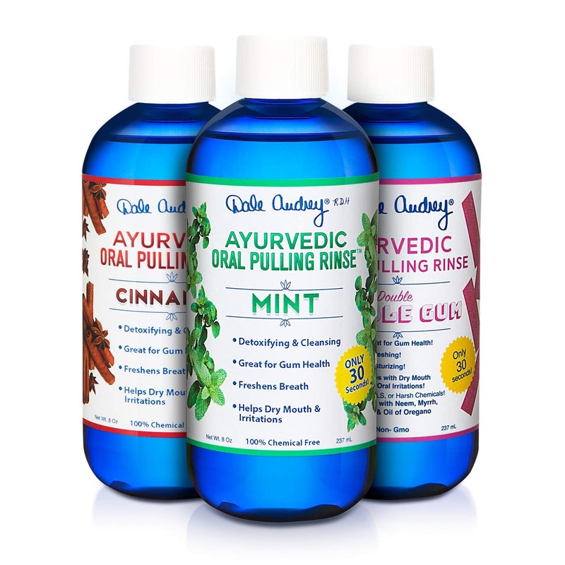 Dale Audrey Organic Oil Pulling for Teeth and Gums | Natural Oral Pulling Rinse Mouthwash | Essential Oils for Bad Breath to Whitening Teeth & Fresh Breath |Mint, Cinnamon, Bubblegum (8oz, 3Pack) - Image 1