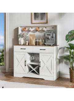 AGD Multipurpose Sideboard and Buffet Table for Kitchen and Living Room, Kitchen and Dining Room Console Cabinet, Large Kitchen Storage Cabinet with 2 Drawers, 2 Cabinets, 2 Shelves and High Hanging Shelf 106*40*130cm White  - Image 1