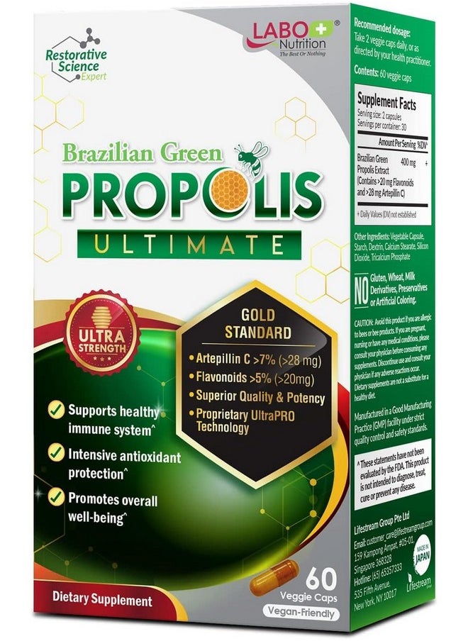 LABO Nutrition - LABO Nutrition Brazilian Green Propolis Ultimate - Contains >7% or 28mg/Serving Artepillin C & >5% Flavonoids, for Immune & Brain Support, Natural, High Concentrate & Premium, 60 Veg Capsulesx3 - Image 1