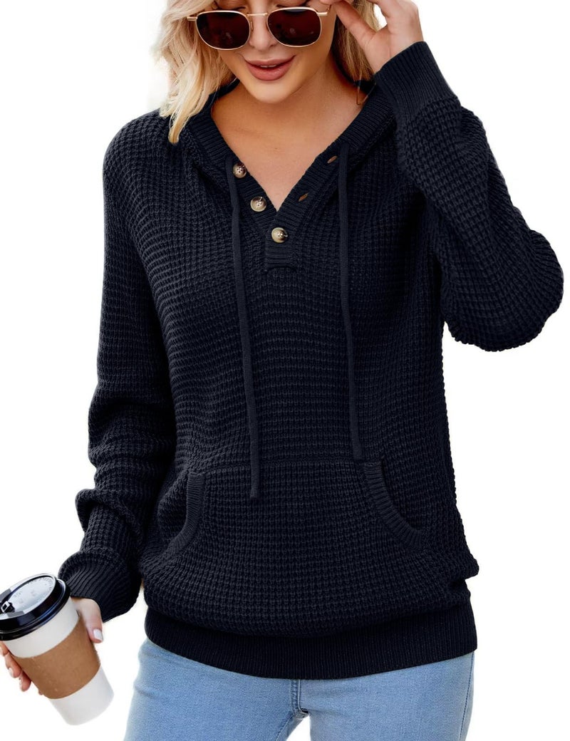 CiCiBird Women Fall Hoodies Sweater Knit V Neck Tops Oversized Fashion Pullover Casual Long Sleeve Shirts with Pockets Black L