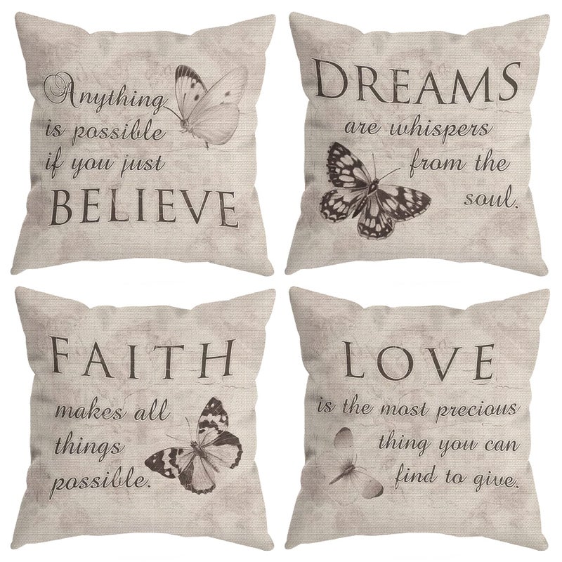 Farmhouse Rustic Butterfly Believe Dreams Faith Love Throw Pillow Covers Inspirational Butterfly Gifts for Women Motivational Quotes Pillow Cases 18 x 18 Inch Home Room Bed Sofa Decor Set of 4 1