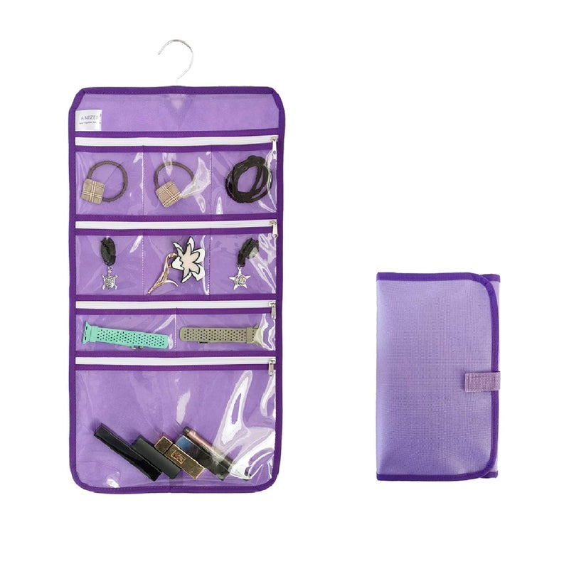 ANIZER Travel Foldable Jewelry Rolls Bag Hanging Jewelry Organizer with 9 Zippered Clear Pockets Storage Pouch with Rotatable Hanger (PURPLE) - Image 1