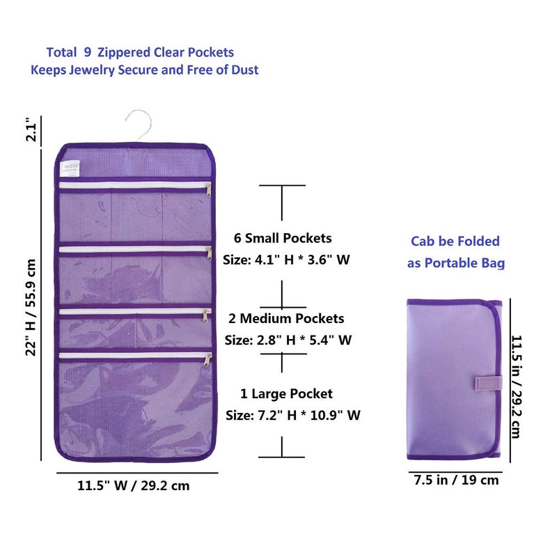 ANIZER Travel Foldable Jewelry Rolls Bag Hanging Jewelry Organizer with 9 Zippered Clear Pockets Storage Pouch with Rotatable Hanger (PURPLE) - Image 2