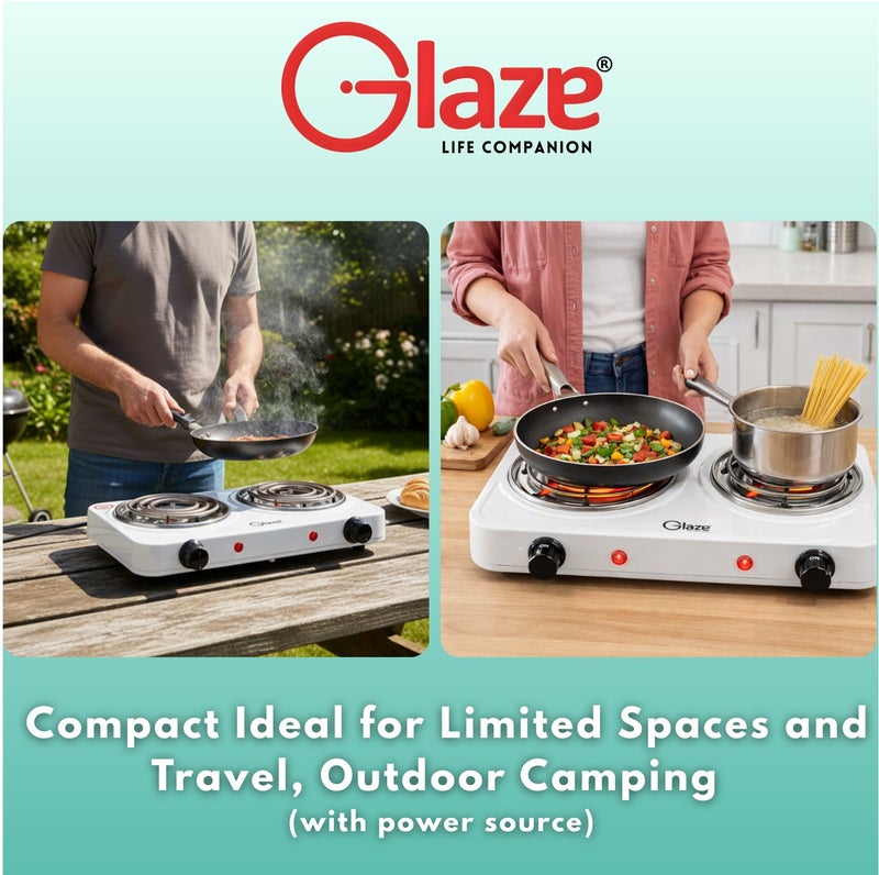 جليز موقد كهربائي مزدوج 2000 واط محمول بعيون حلزونية مع التحكم بدرجة الحرارة وحماية من ارتفاع الحرارة - Image 4