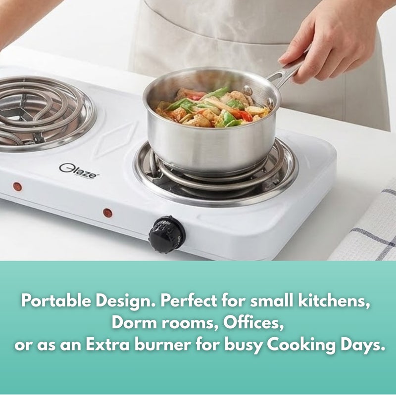 جليز موقد كهربائي مزدوج 2000 واط محمول بعيون حلزونية مع التحكم بدرجة الحرارة وحماية من ارتفاع الحرارة - Image 3