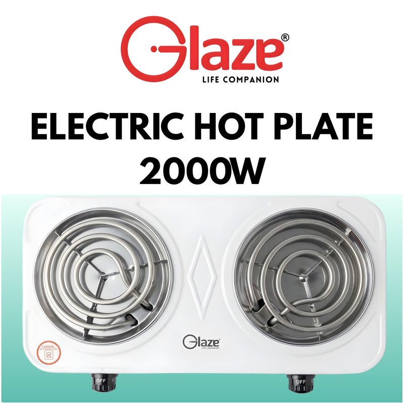 جليز موقد كهربائي مزدوج 2000 واط محمول بعيون حلزونية مع التحكم بدرجة الحرارة وحماية من ارتفاع الحرارة - Image 2