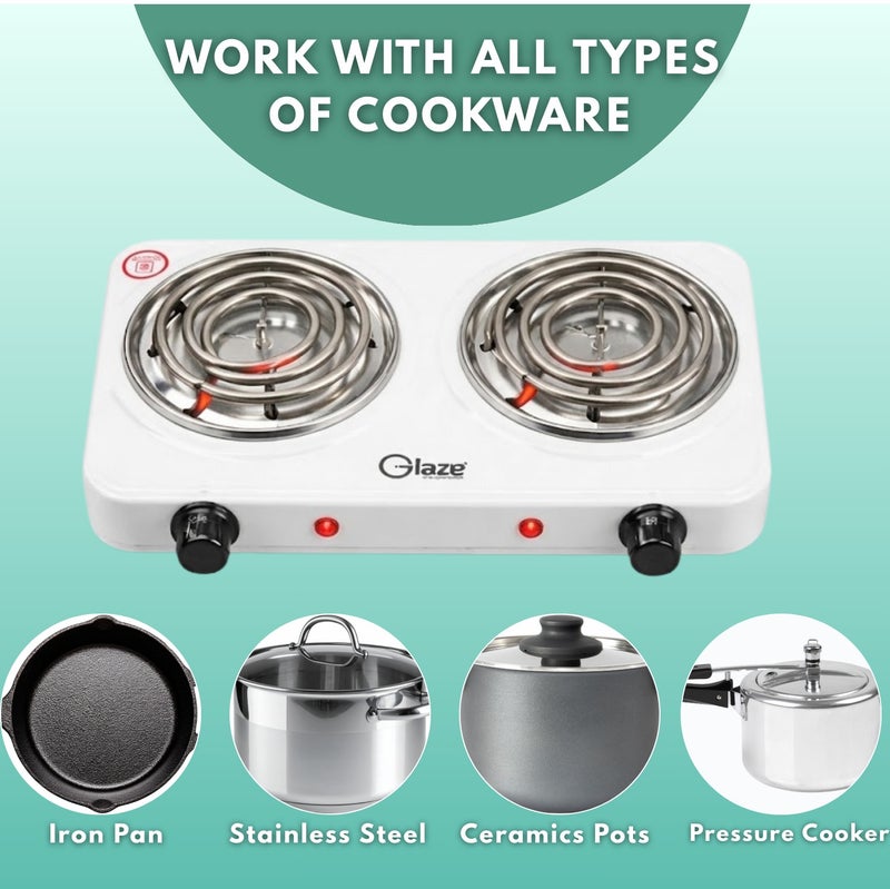 جليز موقد كهربائي مزدوج 2000 واط محمول بعيون حلزونية مع التحكم بدرجة الحرارة وحماية من ارتفاع الحرارة - Image 5