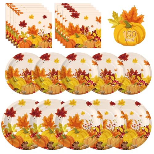 Litmitfu 150 Pcs Thanksgiving Plates and Napkins Sets Fall Pumpkin Maple Leaf Themed Dinnerware Disposable Thanksgiving Paper Plates and Napkins Set for Give Thanks Party Decorations Supplies Serve 50 - Image 1