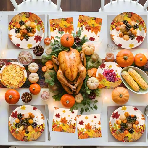 Litmitfu 150 Pcs Thanksgiving Plates and Napkins Sets Fall Pumpkin Maple Leaf Themed Dinnerware Disposable Thanksgiving Paper Plates and Napkins Set for Give Thanks Party Decorations Supplies Serve 50 - Image 3