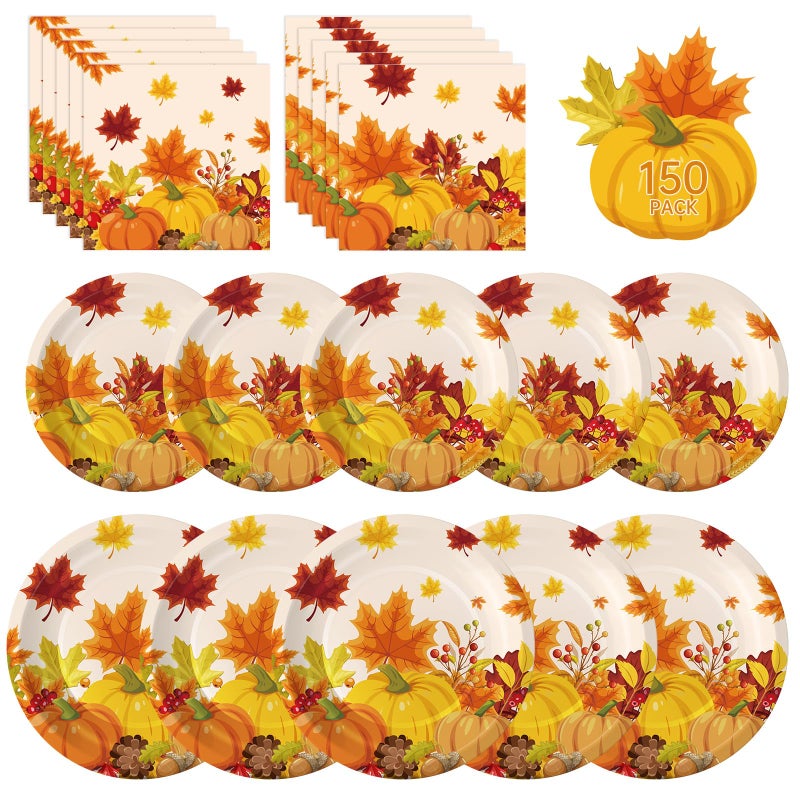Litmitfu 150 Pcs Thanksgiving Plates and Napkins Sets Fall Pumpkin Maple Leaf Themed Dinnerware Disposable Thanksgiving Paper Plates and Napkins Set for Give Thanks Party Decorations Supplies Serve 50 - Image 2