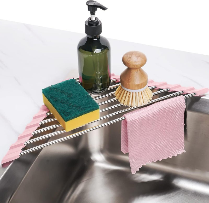 Tomorotec Triangle Foldable Dish Drying Rack, Small Roll-Up Stainless Steel Over Sink Drainer for Kitchen Sink Corner, Rustproof Multipurpose Organizer(Pink) - Image 1