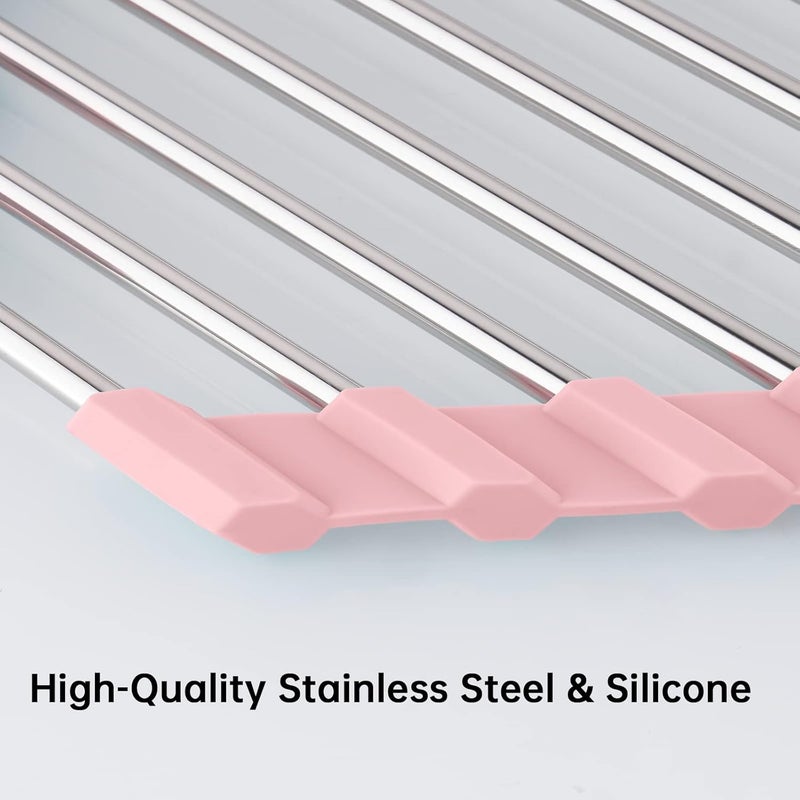 Tomorotec Triangle Foldable Dish Drying Rack, Small Roll-Up Stainless Steel Over Sink Drainer for Kitchen Sink Corner, Rustproof Multipurpose Organizer(Pink) - Image 2