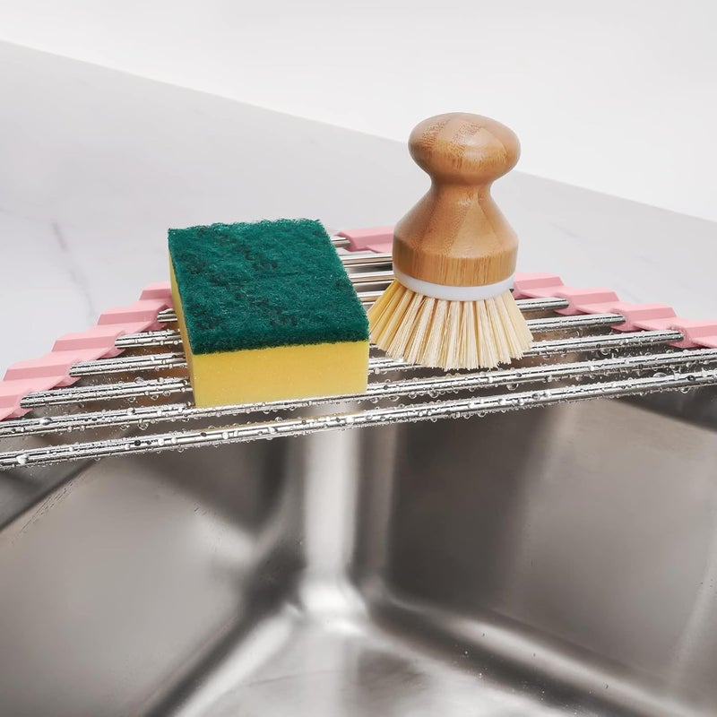 Tomorotec Triangle Foldable Dish Drying Rack, Small Roll-Up Stainless Steel Over Sink Drainer for Kitchen Sink Corner, Rustproof Multipurpose Organizer(Pink) - Image 3