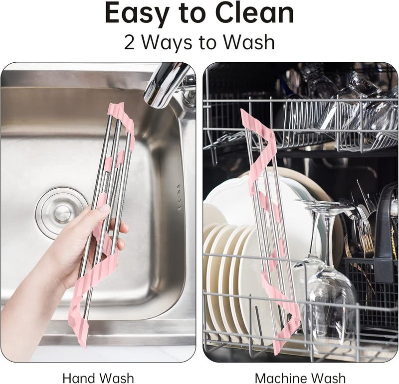 Tomorotec Triangle Foldable Dish Drying Rack, Small Roll-Up Stainless Steel Over Sink Drainer for Kitchen Sink Corner, Rustproof Multipurpose Organizer(Pink) - Image 5