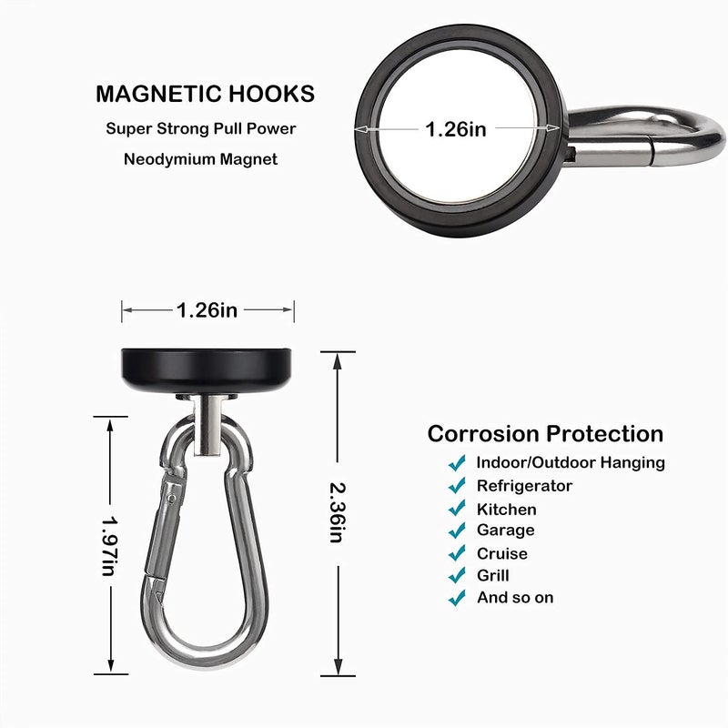 WELLZEER Magnetic Hooks 100lbs Black Magnet Hooks with Swiveling Carabiner for Hanging Refrigerator Strong Large Neodymium Magnet (100LBS-2PACK-BLACK) - Image 3