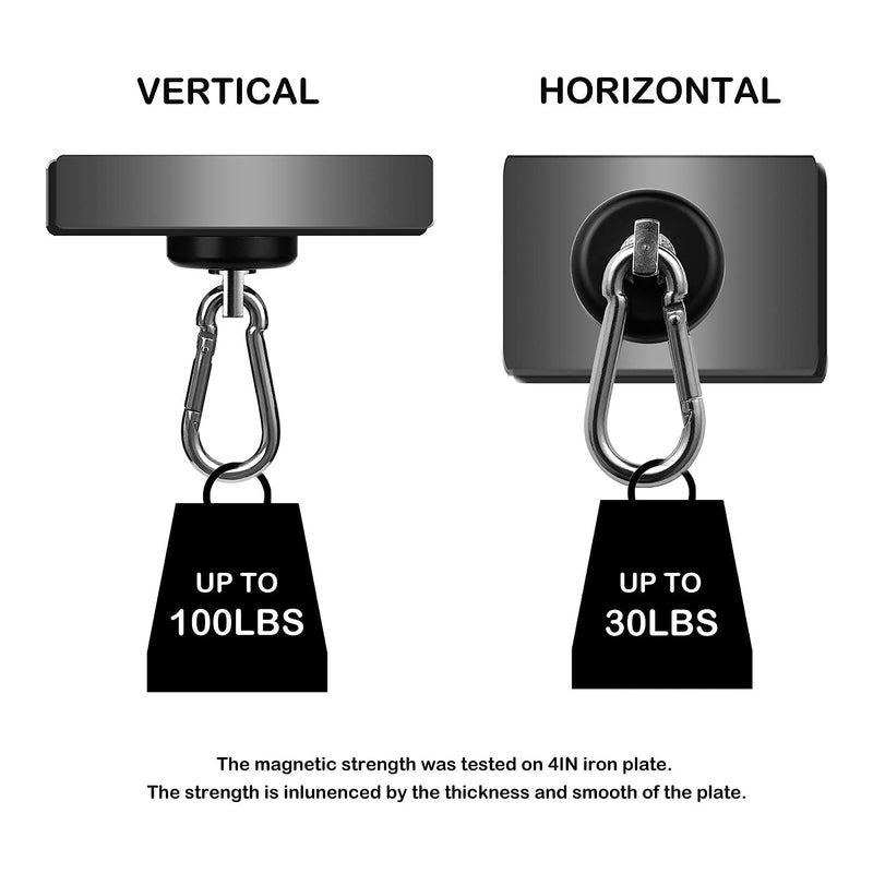 WELLZEER Magnetic Hooks 100lbs Black Magnet Hooks with Swiveling Carabiner for Hanging Refrigerator Strong Large Neodymium Magnet (100LBS-2PACK-BLACK) - Image 5