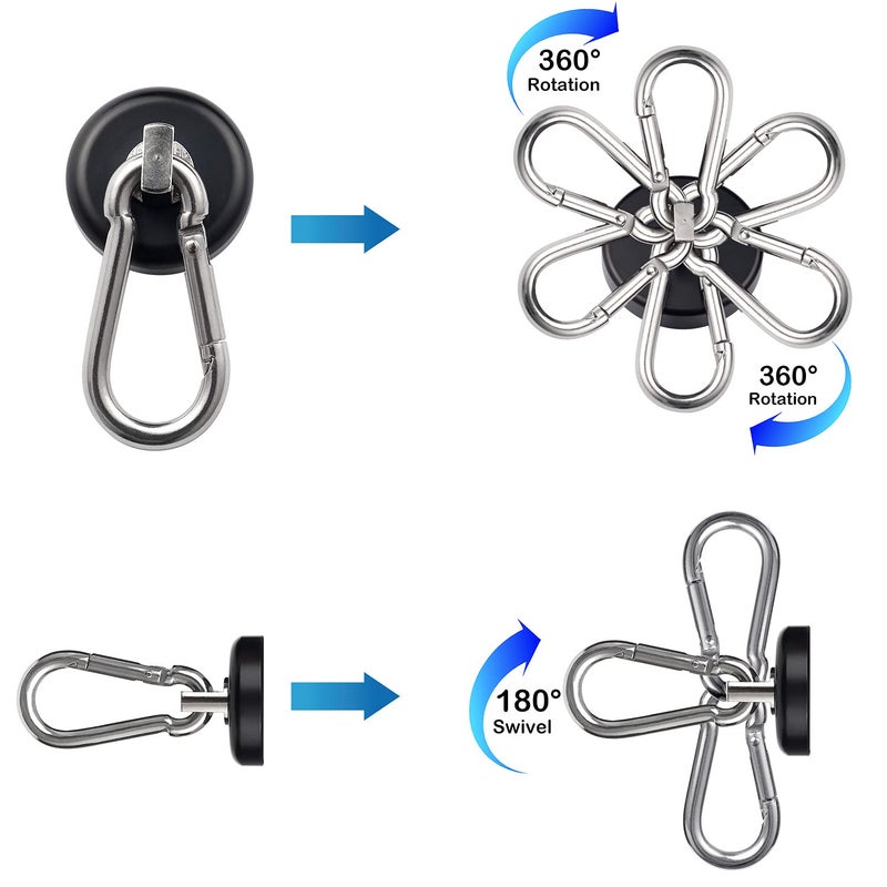 WELLZEER Magnetic Hooks 100lbs Black Magnet Hooks with Swiveling Carabiner for Hanging Refrigerator Strong Large Neodymium Magnet (100LBS-2PACK-BLACK) - Image 4