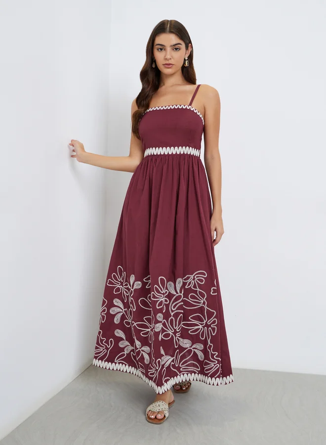 Styli Styli Red Embroidered Strappy Maxi Dress