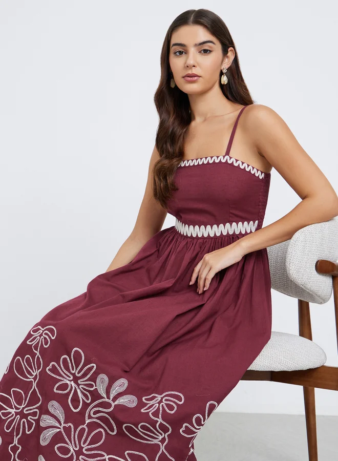 Styli Styli Red Embroidered Strappy Maxi Dress