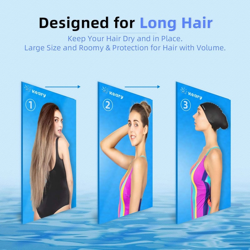 Keary 2 Pack Updated Silicone Swim Cap for Long Hair Women Girl Waterproof Bathing Pool Swimming Cap Cover Ears to Keep Your Hair Dry, 3D Soft Stretchable Durable and Anti-Slip, Easy to Put On and Off - Image 2