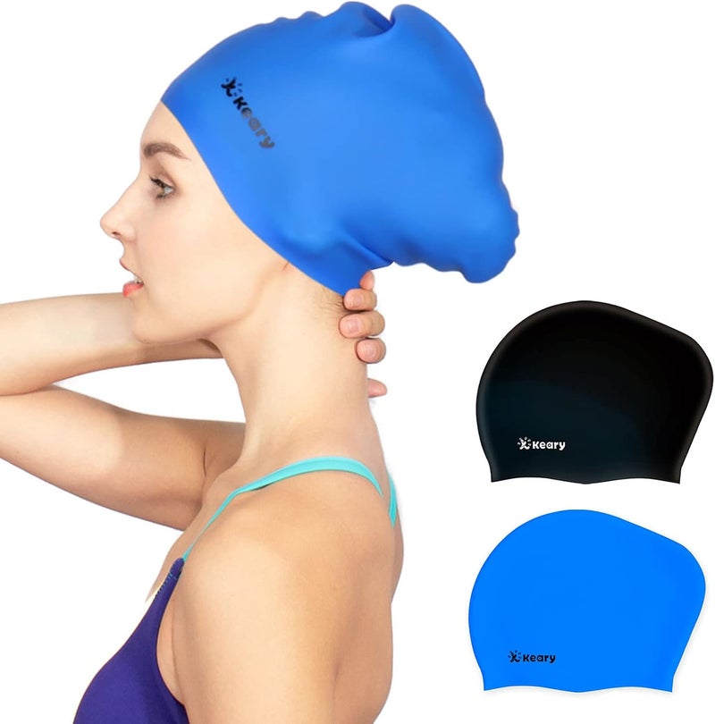 Keary 2 Pack Updated Silicone Swim Cap for Long Hair Women Girl Waterproof Bathing Pool Swimming Cap Cover Ears to Keep Your Hair Dry, 3D Soft Stretchable Durable and Anti-Slip, Easy to Put On and Off - Image 1