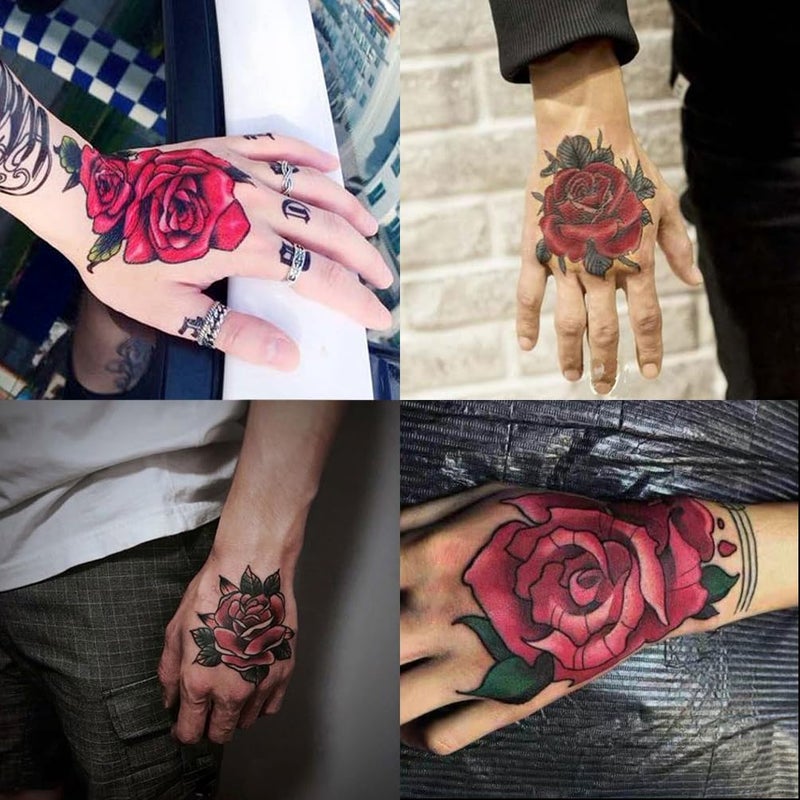 Oottati ملصقات وشم مؤقت مقاومة للماء 4 أوراق لظهر اليد، زهرة الورد الحمراء