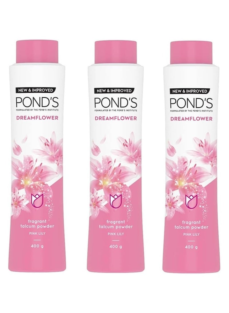PONDS Dream Flower Fragrant Talcum Powder With Pink Lily| Perfumed Talc With Refreshing Floral Fragrance & Vitamin B3| Fine Textured Talc Absorbs Sweat & Prevents Odour| 400G X 3 (Pack Of 3) - Image 1